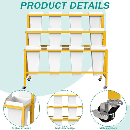Putros Flower Display Stand with 12 Buckets Gold 3 Layers Metal Floral Cart with Wheels Moving Florist Bouquet Bar Plant Shelf for Indoor Outdoor Patio Garden Party Decor