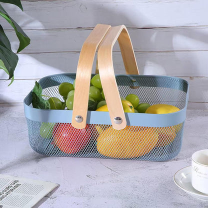 Metal Mesh Steel Basket, Storage Organizer Baskets Garden Harvest Basket Multi-functional Kitchen Fruit Baskets Bin with Wooden Handle for Bathroom Picnic Shopping Decor Cabinet Home, Blue