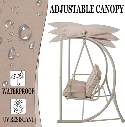 Patio Swing with Canopy, Outdoor Swinging with Stand, Backyard Swings for Adults, 2 in 1 Porch Swing Bed, Outdoor Patio Swings,Yard Heavy Duty Covered Patio Swing, Khaki