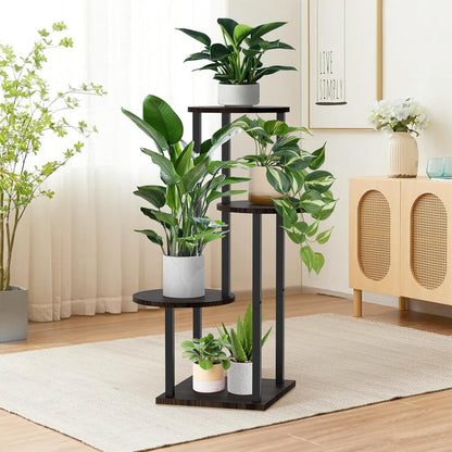 4 Tier Plant Stand Indoor, Metal Wooden Tall Plant Shelf Flower Pot Stand for Multiple Plants, Corner Flower Holder Plant Display Rack for Living Room Balcony Patio Garden (Black)
