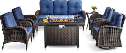 HUMMUH 7 Piece Patio Furniture Set with Fire Pit Table,Wicker Patio Swivel Rocker Outdoor Chairs 3-Seat Sofa for Porch,Poolside,Deck