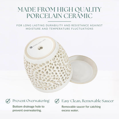 Elegant Orchid Pot with Holes, Large 6.5 inch Premium Porcelain Ceramic Orchid Pot for Repotting, Durable Ceramic Planter with Removable Saucer for Easy Drain, Planter Gifts for Moms