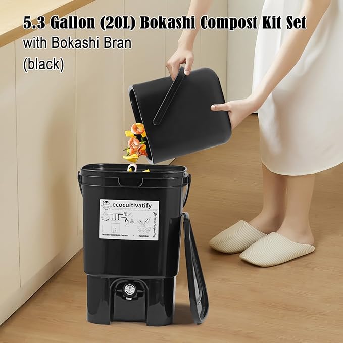 20L Bokashi Bucket with Air Sealing Lid, 5.28 Gallon Compost Bin, Kitchen Composter with Bran, Kitchen Compost Pail, ecocultivatify Bokashi Kit Set with Starter(Black)