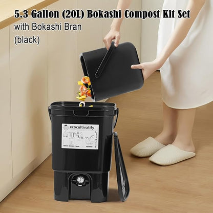 20L Bokashi Bucket with Air Sealing Lid, 5.28 Gallon Compost Bin, Kitchen Composter with Bran, Kitchen Compost Pail, ecocultivatify Bokashi Kit Set with Starter(Black)