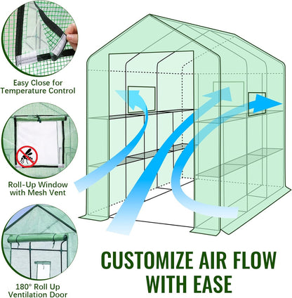 Greengro Greenhouse, 57 x 85 x 76'' Greenhouses for Outdoors, Portable Greenhouse Kit with Mesh Side Windows, PE Cover, 8 Shelves, Heavy Duty Walk in Green House for Backyard Garden Indoor Outside