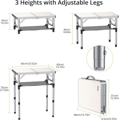 Folding Camping Table, Aluminum 24" x 16" Adjustable Height Small Folding Table with Carrying Handle, Lightweight, Portable Camping Table Waterproof for Outdoor Indoor Picnic Beach BBQ, Silver