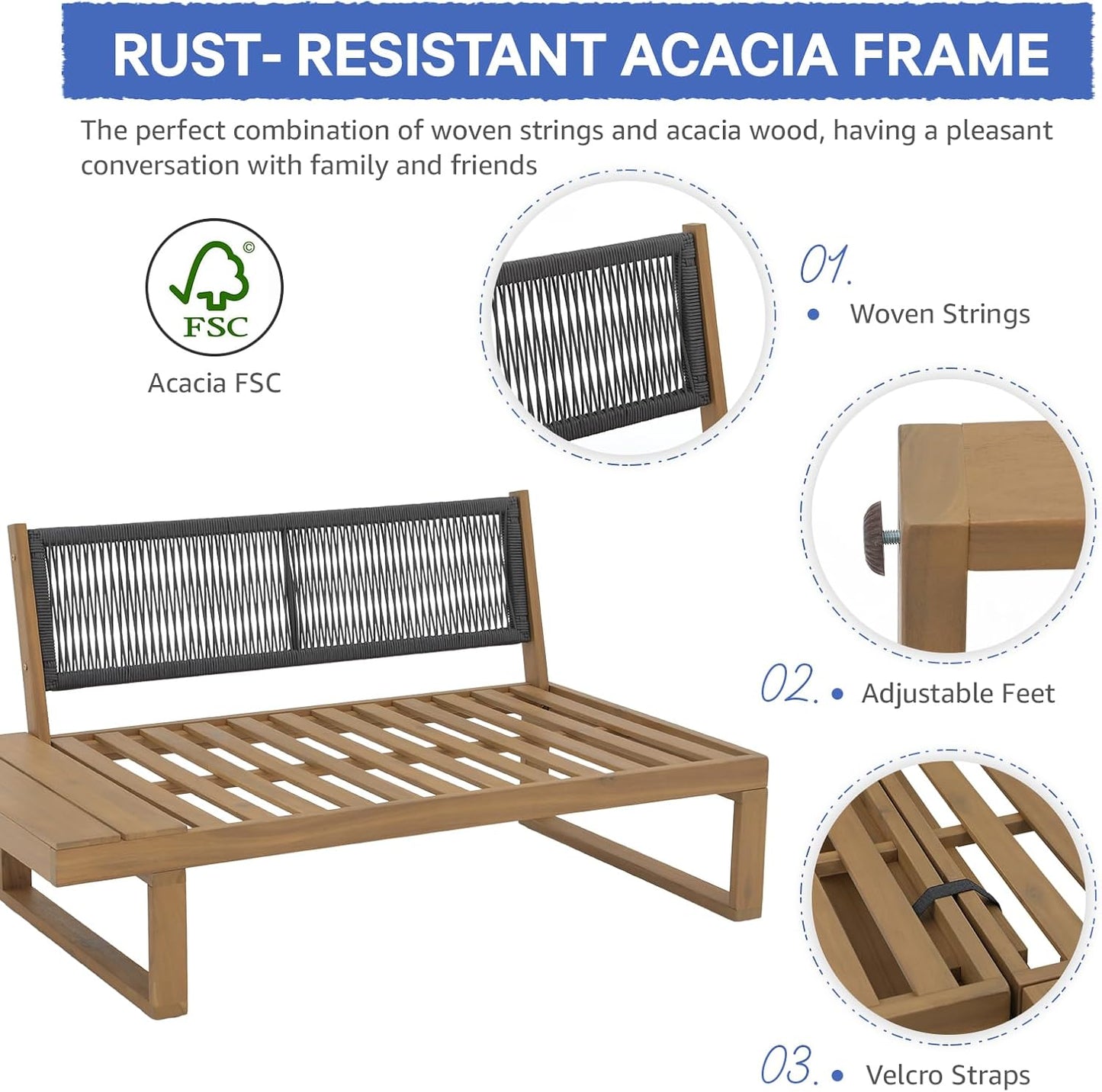 Soleil Jardin 4 Piece Acacia Wood Patio Furniture L-Shaped Outdoor Sectional Sofa Set with Coffee Table, FSC Certified Conversation Set with Built-in Side Table and Grey Cushions for Garden