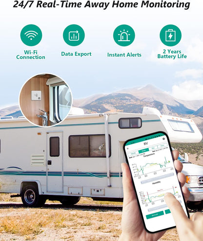 WiFi Room Thermometer Hygrometer, Remote Email App Alert, 2 Years Data Export, 2 Years Battery, No Subscription, 3 Smart Temperature Sensors for RV, Greenhouse, Vacation Home, HVAC