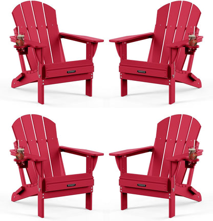 MUCHENGHY Folding Adirondack Chairs Set of 4, Patio Chairs, Lawn Chairs, Outdoor Chairs, Adirondack Chair Plastic, Fire Pit Chairs, Weather Resistant with Cup Holder for Deck, Backyard, Garden(Red)