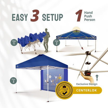 CROWN SHADES 10x10 Pop Up Canopy Tent with Game Netting - Beach Tent with One Push Setup - Outdoor Sun Shade for Events, Parties, Camping with STO-N-Go Cover Bag, Silver Coated Top, Blue