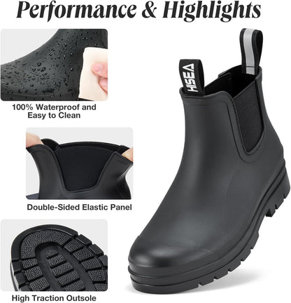 HISEA Women's Short Rain Boots Waterproof Garden Shoes Rubber Chelsea Boots Anti-Slipping Rainboots for Ladies with Comfort Insole Lightweight Stylish Ankle Rain Shoes Outdoor Work Booties