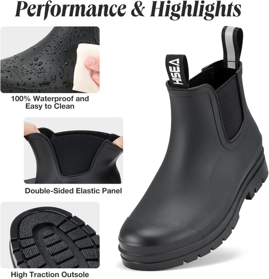 HISEA Women's Short Rain Boots Waterproof Garden Shoes Rubber Chelsea Boots Anti-Slipping Rainboots for Ladies with Comfort Insole Lightweight Stylish Ankle Rain Shoes Outdoor Work Booties