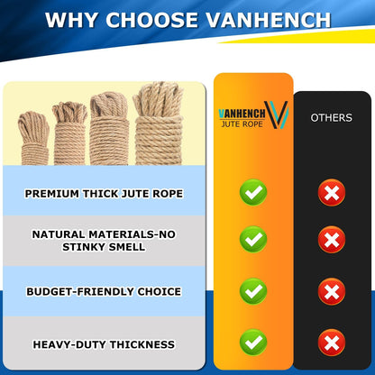 Vanhench Jute String Rope 8mm x 50 Feet, Heavy Duty and Thick Twine Rope for Crafts Projects, Gardening, Bundling, Cat Scratcher Scratching Post Tree Gift Wrapping Arts & Crafts Christmas Decoration