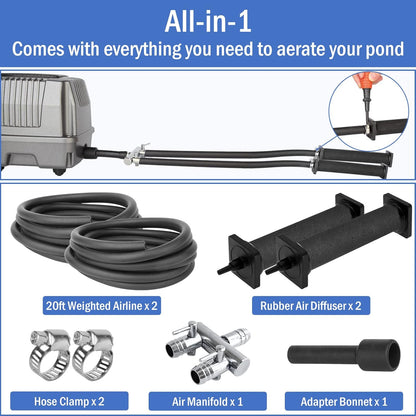 AquaMiracle All-in-One Koi Pond Aerator for Outdoor Ponds, Pond Air Pump Pond Aeration System with Self-Sinking Airline Flow Control Rubber Air Diffuser