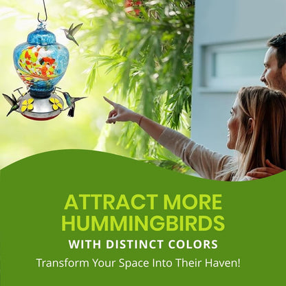 Nature Gear Hummingbird Feeder, Hanging-Mount Glass Hummingbird Feeders for Outdoors, Hand-Blown Glass Feeder with Ant Moat for Garden Hummingbirds, Easy to Clean & Rust Resistant, Blue Burst