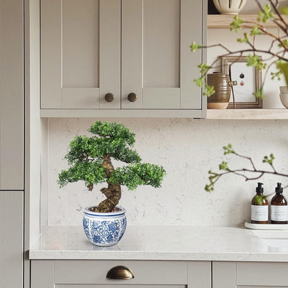 Fake Bonsai Tree Bonsai Plant 17” Tall Artificial Bonsai Trees with Blue and White Porcelain Decorated with Pebbles Desk Plant Indoor Bonsai for Home Office Decor