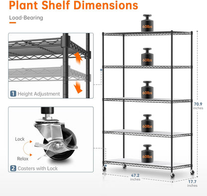 Plant Shelf with Grow Lights, 5 Tier Large Tall Plant Stand with 3FT T5 144w Grow Light for Indoor Plants, 3 Mode Full Spectrum LED Plant Light with wheel and Timer for Seedling, 47.2x17.8x71IN