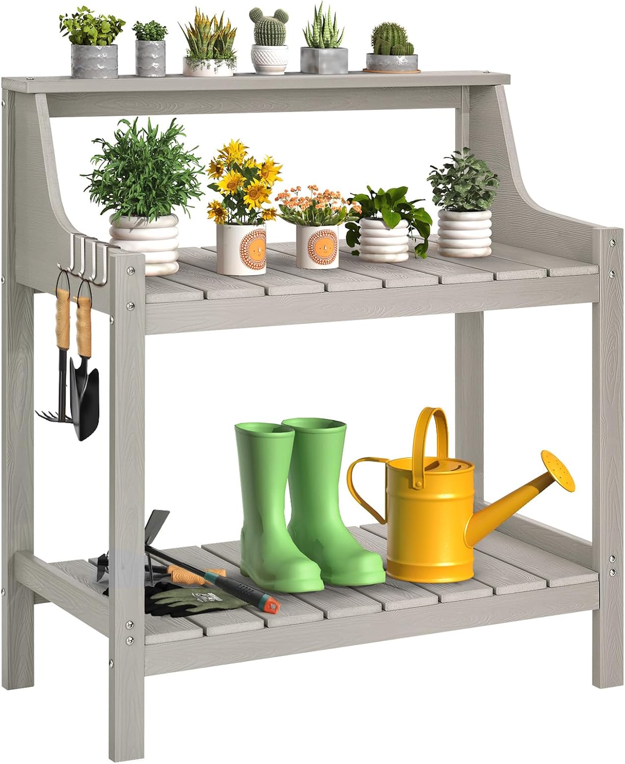 Potting Bench Table, HDPS Potting Bench with 4 Side Hooks, All-Weather Garden Table Work Station, Outdoor Potting Table for Porch, No Rust, No Fade, No Break, 360lbs Capacity (Grey, Large)