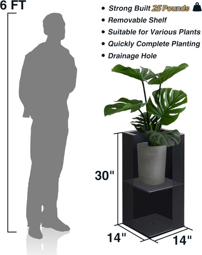 Metallic Heavy Planter for Outdoor Plants, 14Lx14Wx30H Inches, Tall Metal Planter Box with Hand Brushed Gold Edge for Outside & Indoor, 25 Pounds, No Assembly and Seamless, Set of 2 (Black)