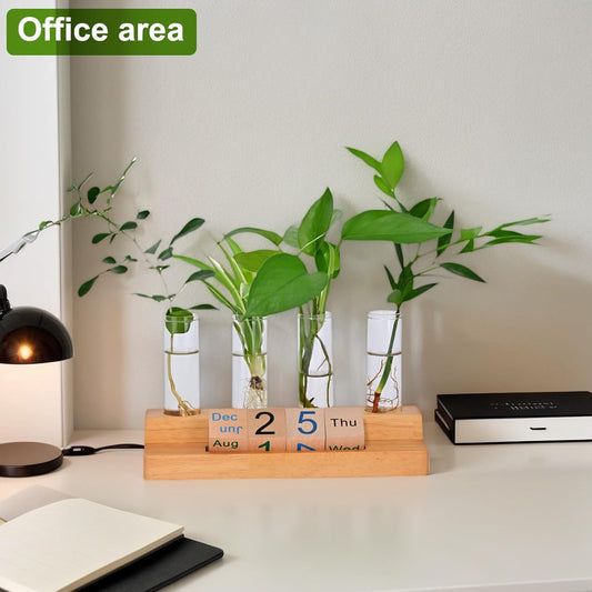 Propagation Vases for Plants, with Block Calendar for Desk, for Home and Desk Decor, Perfect Gardening Gifts for Women, Mom, Teacher, Horticulturist (Dark Wood Color)