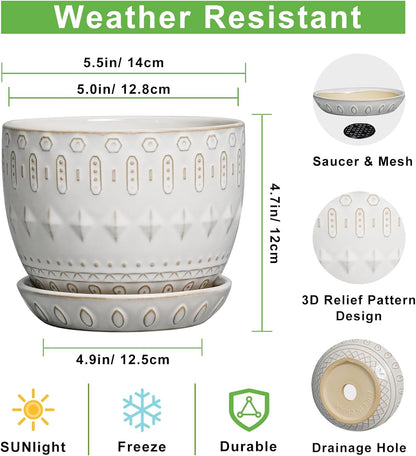 G EPGardening Ceramic Plant Pot - Succulent Pots with Drainage Hole and Saucer 5 Inch Planter for Indoor Plants Outdoor Decorative Round Flower Pot White
