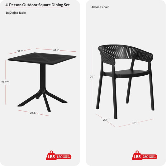 Table Chairs Set of 4, HDPE Patio Square Dining Table and Stackable Chairs, Outdoor Small Patio Furniture Set All Weather for Backyard Porch Poolside, White