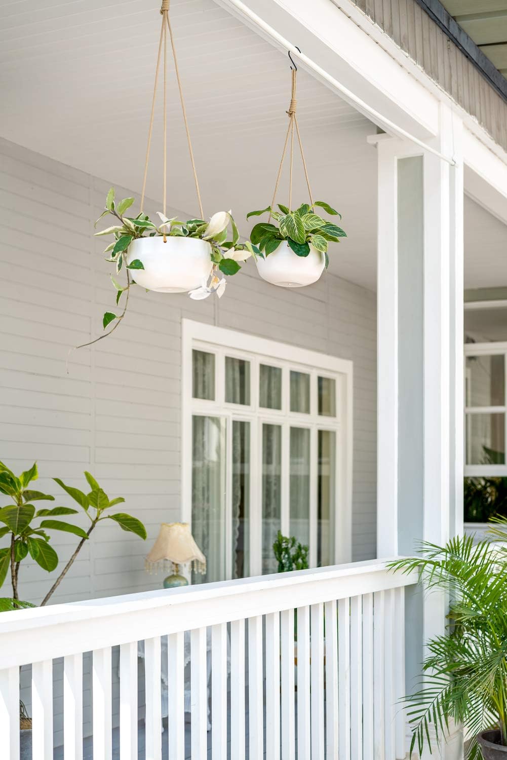 Mkono Ceramic Hanging Planter of Shallow 8 Inch and Deep 6 Inch for Indoor Outdoor Plants, Set of 2 Modern Plant Pot Geometric Porcelain Hanging Basket with Polyester Rope Hanger