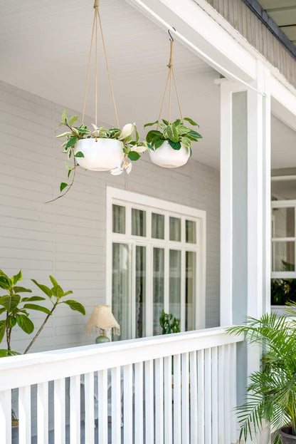 Mkono Ceramic Hanging Planter of Shallow 8 Inch and Deep 6 Inch for Indoor Outdoor Plants, Set of 2 Modern Plant Pot Geometric Porcelain Hanging Basket with Polyester Rope Hanger