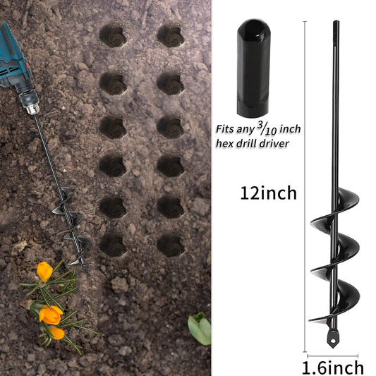 TCBWFY Auger Drill Bit for Planting,1.6"x12"Solid Shaft Garden Auger Drill Bit with Extensive Spirals,Spiral Hole Drill Bit for Planting Bulbs,Flowers,Post Holes,Earth Auger for 3/8" Hex Drive Drill