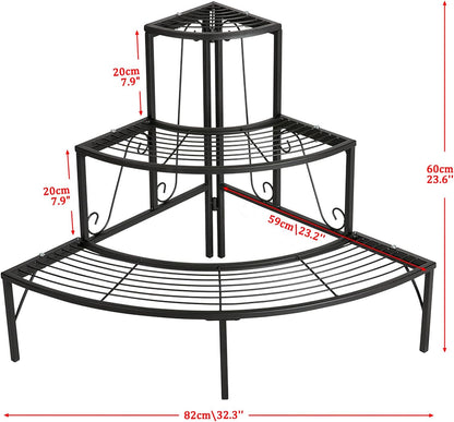 DOEWORKS 3 Tier Plant Stand Flower Pot Rack, Quarter Round Plant Corner Shelf Planters Display Holder orchid shelves for Indoor Outdoor Use, Black