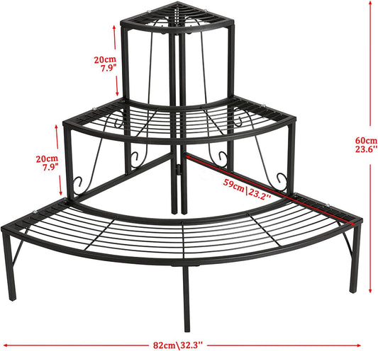 DOEWORKS 3 Tier Plant Stand Flower Pot Rack, Quarter Round Plant Corner Shelf Planters Display Holder orchid shelves for Indoor Outdoor Use, Black