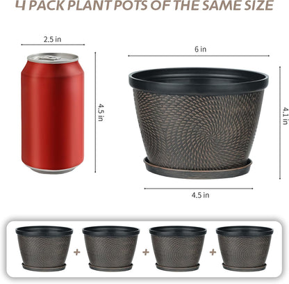 Quarut 4 Pack 6 Inch Flower Pots for Outdoor Indoor, Plastic Plant Pots with Drainage Hole & Saucer, Lightweight Small Flower Pot, Circle Pattern Planters for Garden House planters（Black Copper）