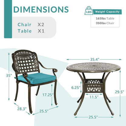 MEETWARM 3 Piece Patio Bistro Set, Outdoor All-Weather Cast Aluminum Dining Furniture Set Includes 2 Chairs with Cushions and a 35.4” Round Table with Umbrella Hole for Garden Deck, Ocean Blue