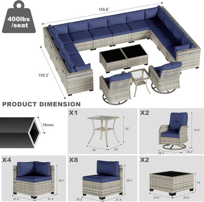 17-Piece Patio Furniture Set, Outdoor Patio Furniture with Swivel Chairs Set, Thick Cushions, Modular Patio Sofa, Dual-Strand Wicker Rattan, Rust-Resistant Frame, Deep Blue