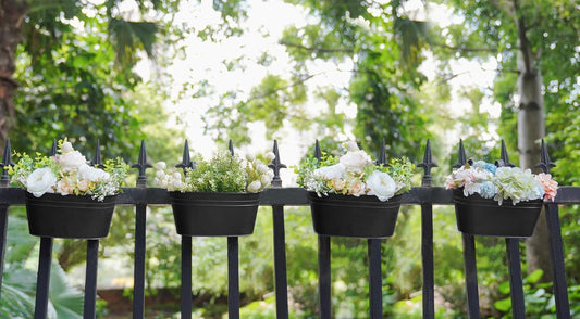 Dahey Metal Iron Hanging Flower Pots for Railing Fence Hanging Bucket Pots Countryside Style Outdoor Planter Window Flower Plant Holder with Detachable Hooks Home Decor, Black,4 Pcs