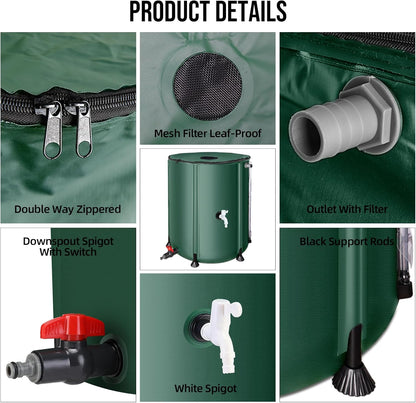 Collapsible Rain Barrel Water Collection System - 53 Gallon Portable Water Storage Tank,Foldable Rainwater Collect System Downspout, Water Catcher Container with Filter, Spigots＆Overflow Kit