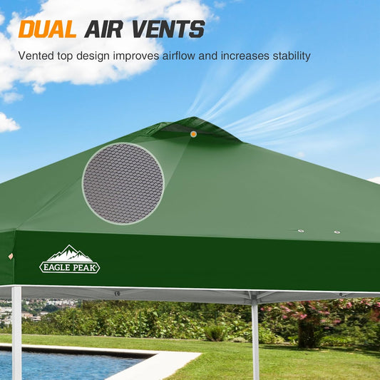 EAGLE PEAK Pop Up Canopy Tent with Wheeled Carry Bag, 8 Stakes, 4 Ropes, 4 Weight Bags, Easy Set Up Tent Canopy, 10x10 ft, 100sqft of Shade, Green