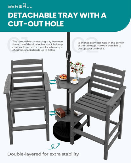 SERWALL Tall Adirondack Chairs Set of 2 with Connecting Table, Grey