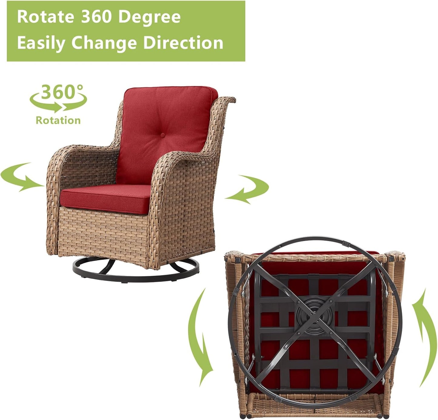 Outdoor Wicker Patio Furniture Set - 5 Piece Rattan Patio Conversation Set with 2 Rocking Swivel Chairs,2 Ottomans and 1 Loveseat for Porch Deck Backyard Garden(Yellow/Red)