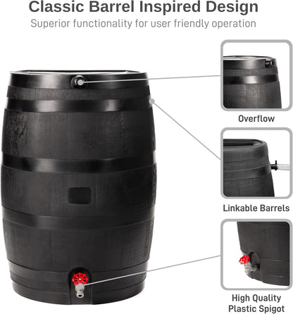 50-Gallon ECO Rain Barrel Made with 100% Recycled Plastic, Flat Back Rain Water Collection Barrel, Soaker Hose Included, Black
