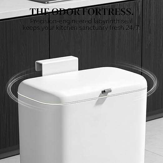 MUEE Hanging Compost Bin [2.3 Gal Max Volume] Heavy Duty Scrap Collector for 4-5 Person Households - Under Cabinet Large Trash Can with Slide Lid for RV & Heavy Prep - Matte White