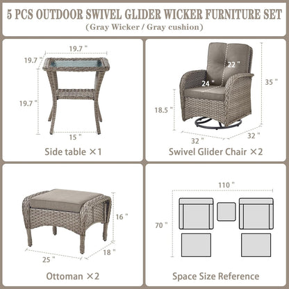 5 Pieces Wicker Patio Furniture Set - Swivel Rocker Outdoor Chairs with Ottomans and Side Table, Small Patio Conversation Set for Deck Porch Backyard