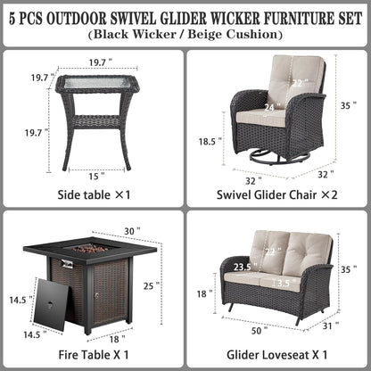 5 Piece Outdoor Patio Furniture Set with 50000 BTU Propane Fire Pit Table, Deep Seating Wicker Swivel Rocker Chairs and Loveseat Glider Patio Conversation Set for Poolside Deck Backyard Black