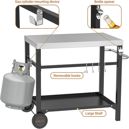 only fire Stainless Steel Movable Dining Cart Table, Pizza Oven Table, Multifunctional Utility Cart with Wheels for Outdoors, Kitchen or Backyard Patio
