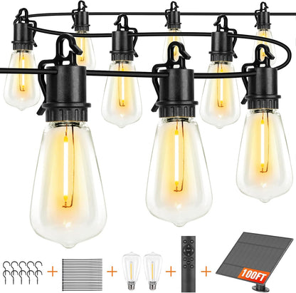 Solar String Lights Outdoor Waterproof 100ft with 52 Shatterproof,Solar Lights Outdoor Remote ST38 Vintage Edison Bulbs,Salor Ourdoor Light Hanging Lights Waterproof for Outside Backyard