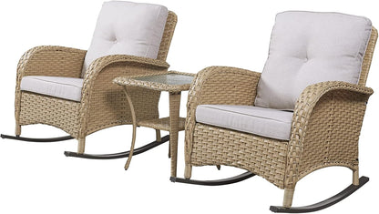 HUMMUH Patio Wicker Rocking Chairs Set of 2 Rattan Outdoor Rocking Chairs for Front Porch Garden Backyard Lawn Balcony Weather Rocker Chair with Side Table