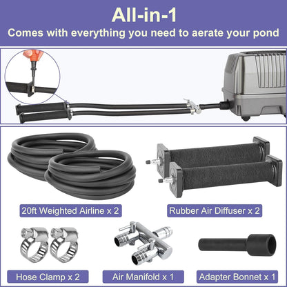 AquaMiracle Koi Pond Aerator Pond Air Pump with Self-Sinking Airline Rubber Air Diffuser, Air Flow Control Pond Deicer All-in-One Pond Aeration Kit for Outdoor Pond 10,000-15,000 Gallons