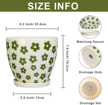 8.2 Inch Plant Pot - Ceramic Flower Pot Indoor with Drainage Hole and Saucer, Boho Round Decorative Planter for Indoor Plants, Housewarming Gifts, Office Garden Home Room Decor, White