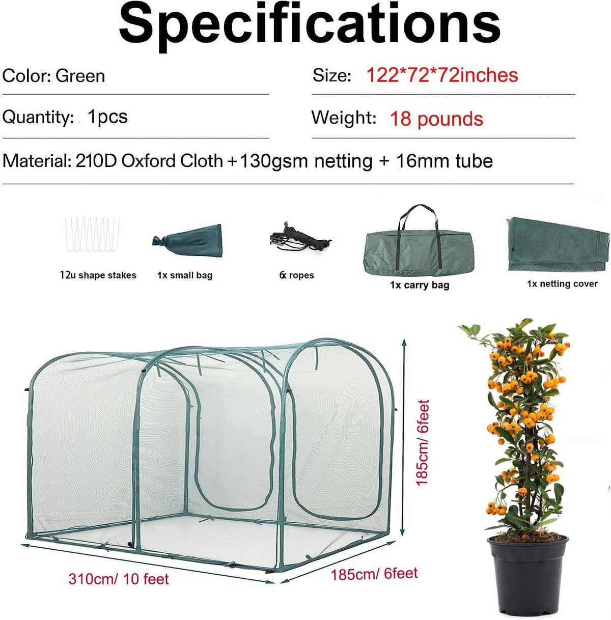 Poray Large Tunnel 10FTx6FT Plant Netting Cover, 6FT Tall Crop Cage Tomato Netting,Pest Guard Cover for Vegetables &Fruits,Durable Gardening Net for Plant and Animal