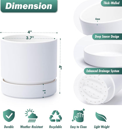 Phoenix Vine 4 Inch Planter Pot with Drainage Hole & Saucer, Deep Water Catch Tray, Straight Cylindrical Round Pot for Plants, Matte White, Pack of 4, 23-B-R-4